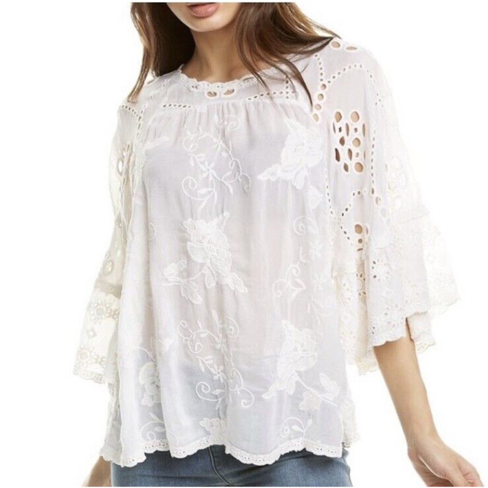 $320 Johnny Was Roman Ruffle Natural Eyelet Embroidered Blouse Small NEW